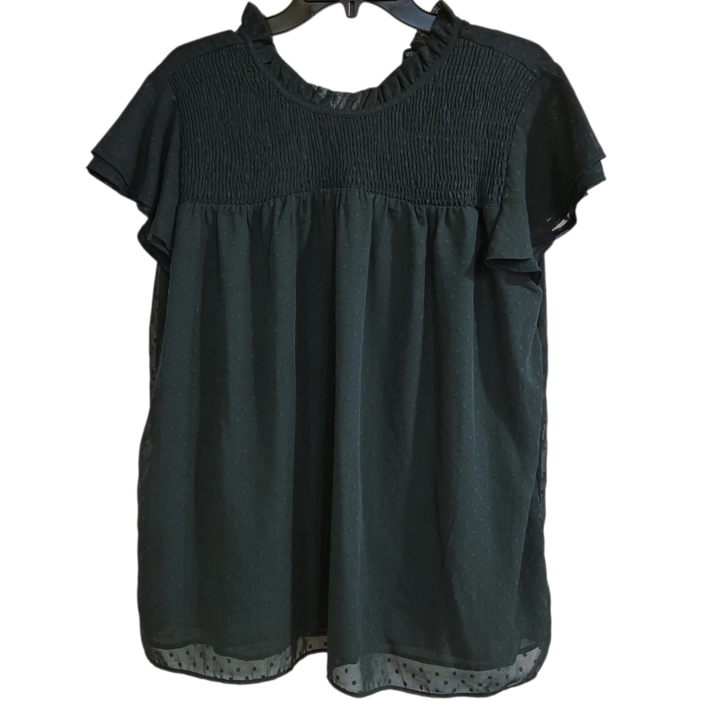 Womens Sz XL Blouse Short Cap Sleeve Dark Green Ruched Swiss Dot Chiffon Lined
